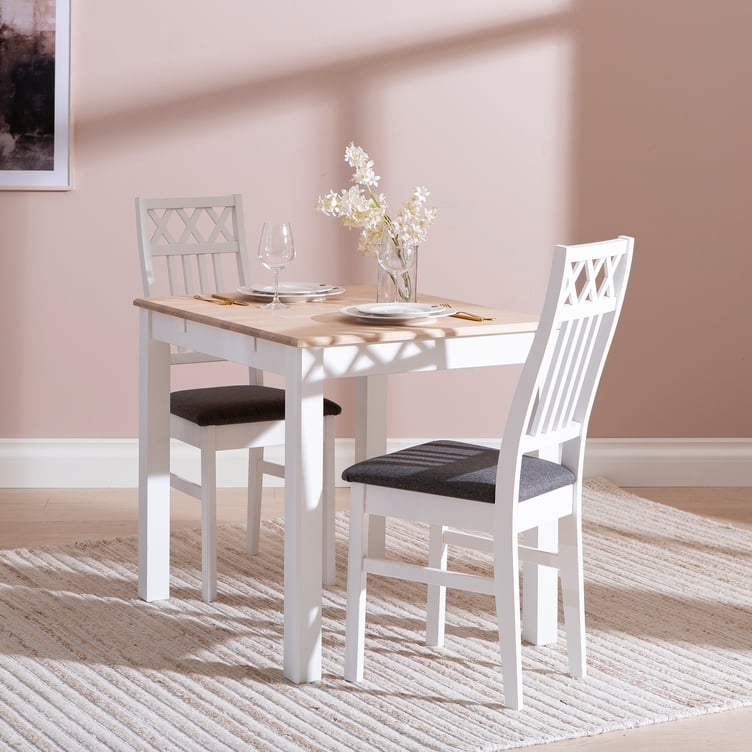 Hovi ruokailuryhmä 70x85cm kahdelle, valkoinen/valkolakattu pöytä, valkoinen XXX-tuoli, tummanharmaa verhoilu