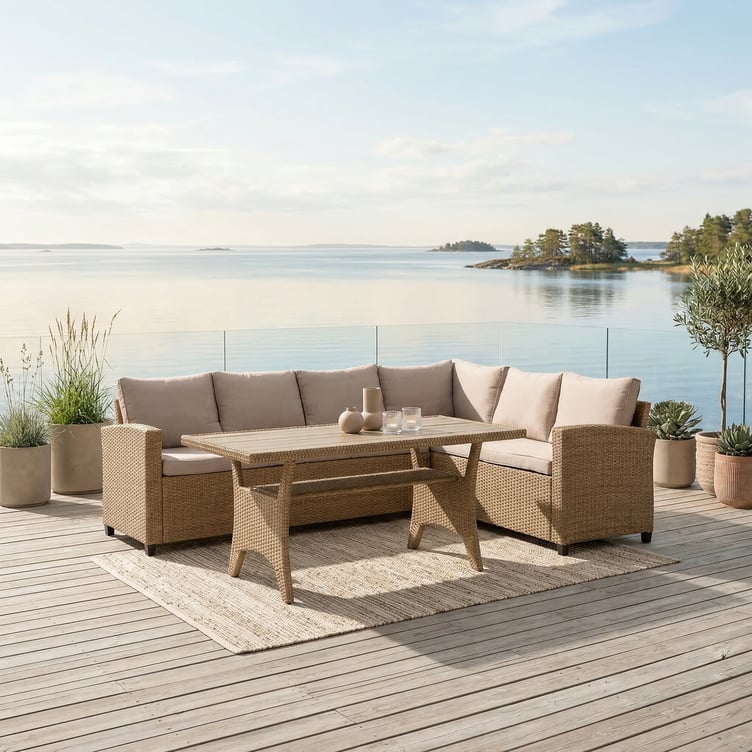 Savona harmaa/beige kulmasohva + korkea sohvapöytä