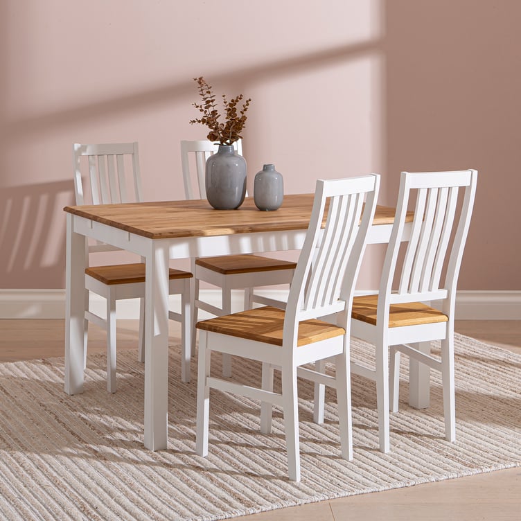 Hovi ruokailuryhmä 120x85. Valkoinen/tammi pöytä. Valkoinen tuoli, tammi-istuin