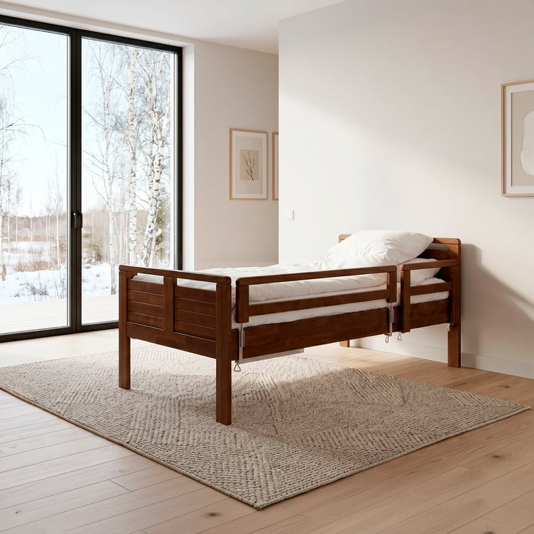 Seniori sänky 90x200 nousutuella & turvalaidalla, pähkinä (reunan korkeus 49cm)