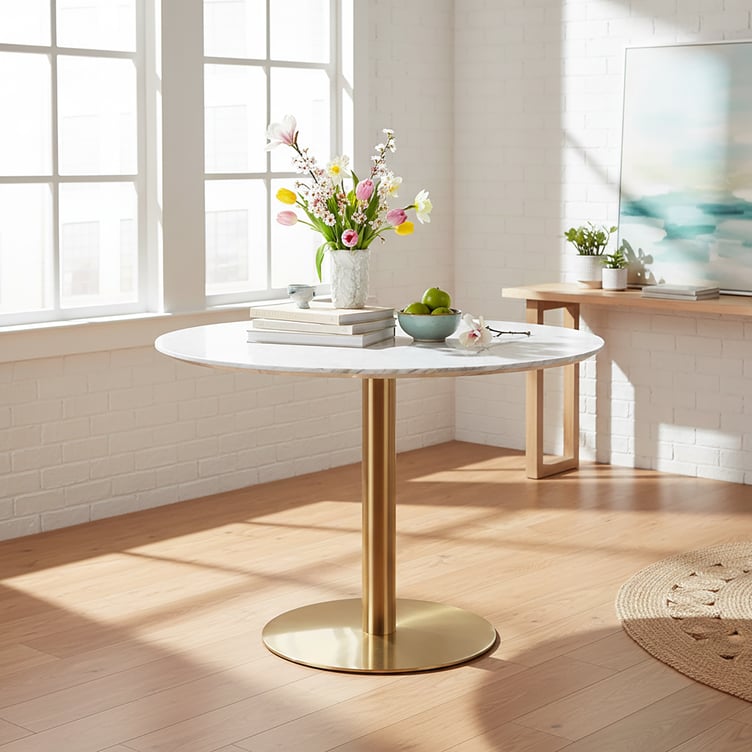 House Nordic Bolzano ruokapöytä pyöreä 110cm, harmaa marmorijäljitelmä / messingin värinen jalka