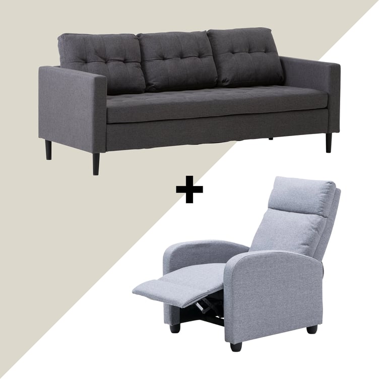 Bella & Aspen 3-istuttava sohva tummanharmaa + recliner tuoli harmaa