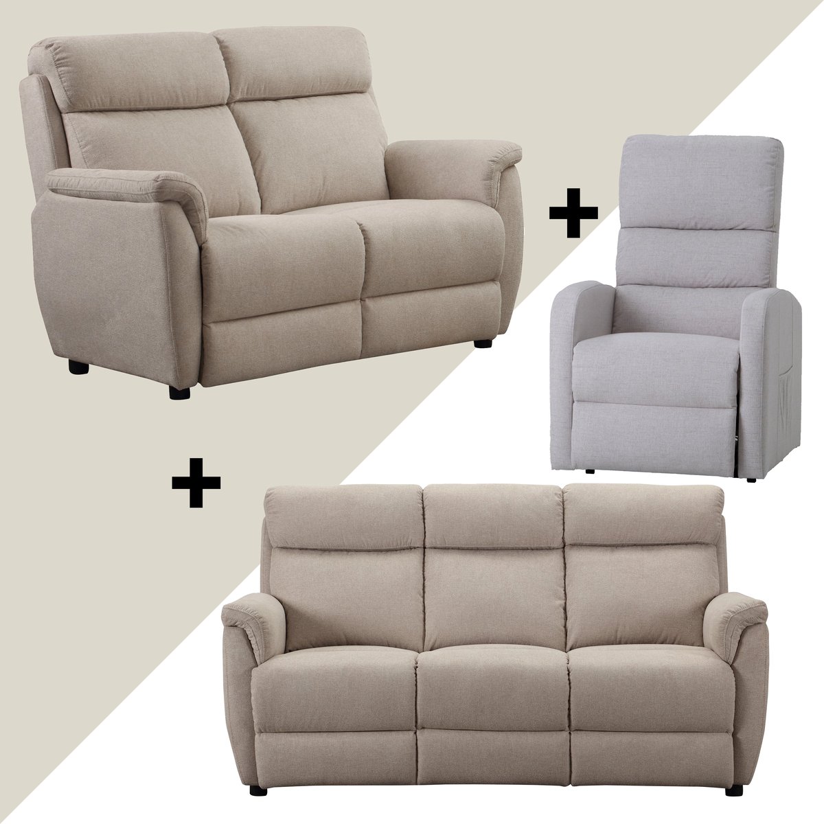Luca & Stella 3+2 istuttavat sohvat beige + Recliner tuoli beige