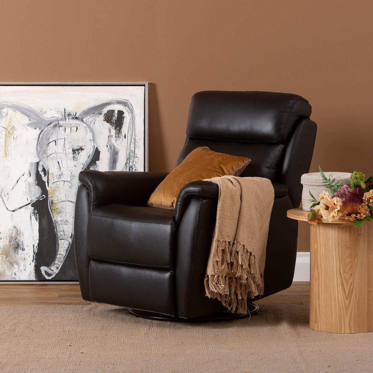 Loungea Colorado recliner-tuoli keinuva/pyörivä, musta nahka/keinonahka