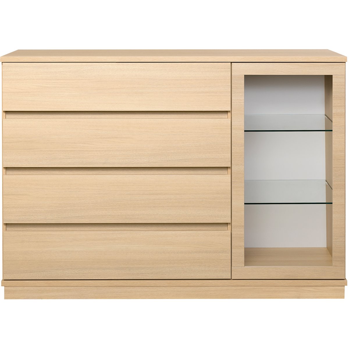 Sata-sarja korkea senkki nro 70. 138cm 1 lasiovi oikea + 4ltk vaalea tammi, sokkeli