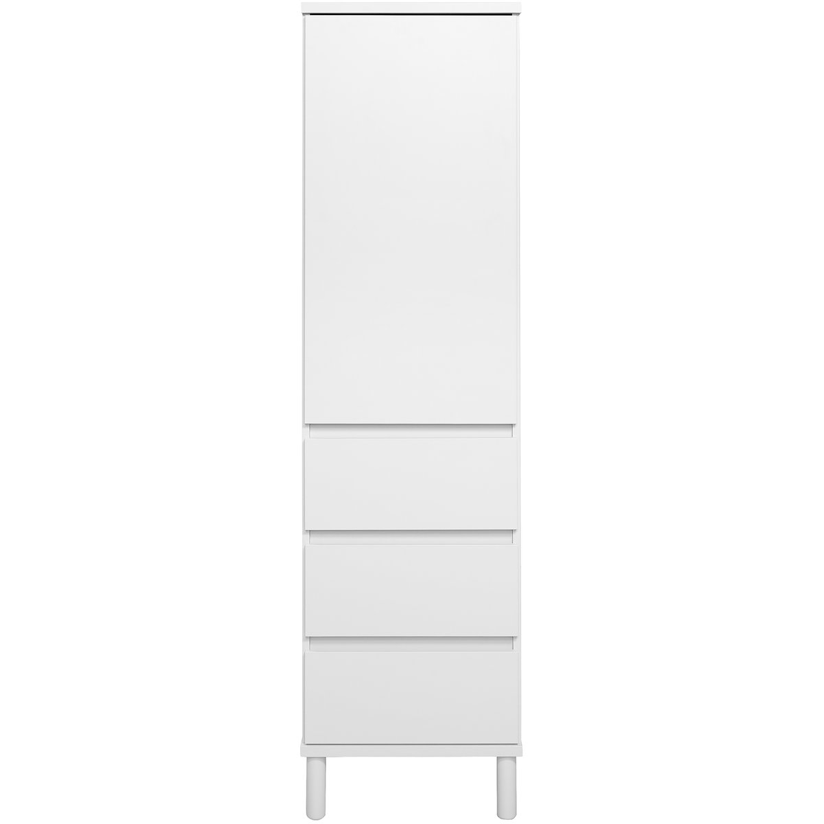 Sata-sarja korkea vitriini nro 111. puuovilla 47cm vasen laatikoilla valkoinen, pyöreä jalka