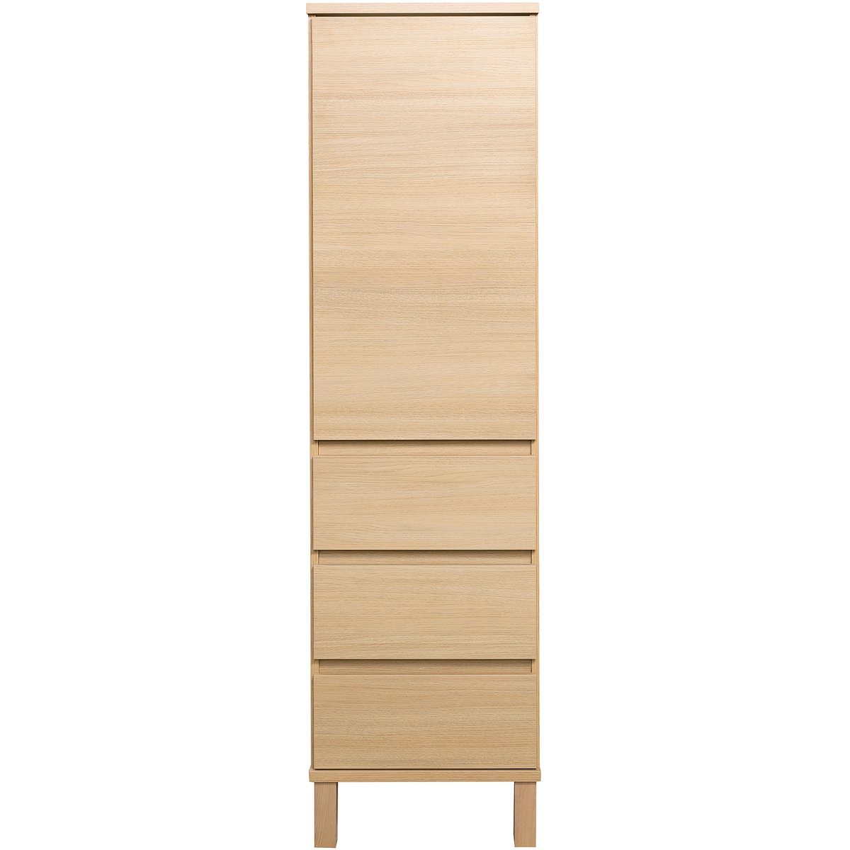 Sata-sarja korkea vitriini nro 111. puuovilla 47cm vasen laatikoilla vaal. tammi kantik. jalka