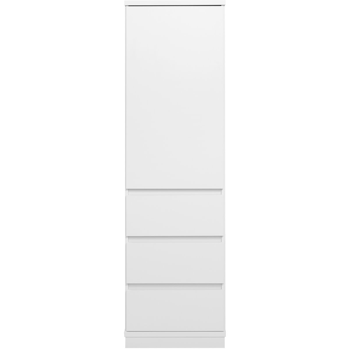 Sata-sarja korkea vitriini nro 112. puuovilla 47cm oikea laatikoilla valkoinen, sokkeli
