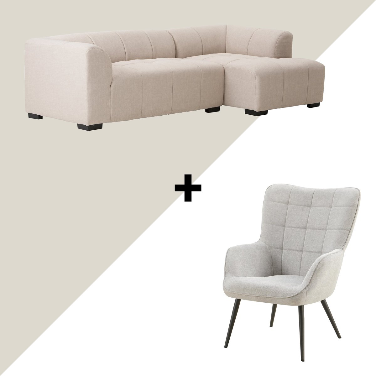 Janice & Emmi Divaanisohva (oikea) beige + nojatuoli beige