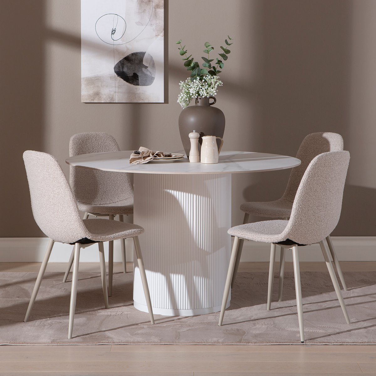 Kalida & Maria ruokailuryhmä pyöreä 120cm neljälle, valkoinen/beige