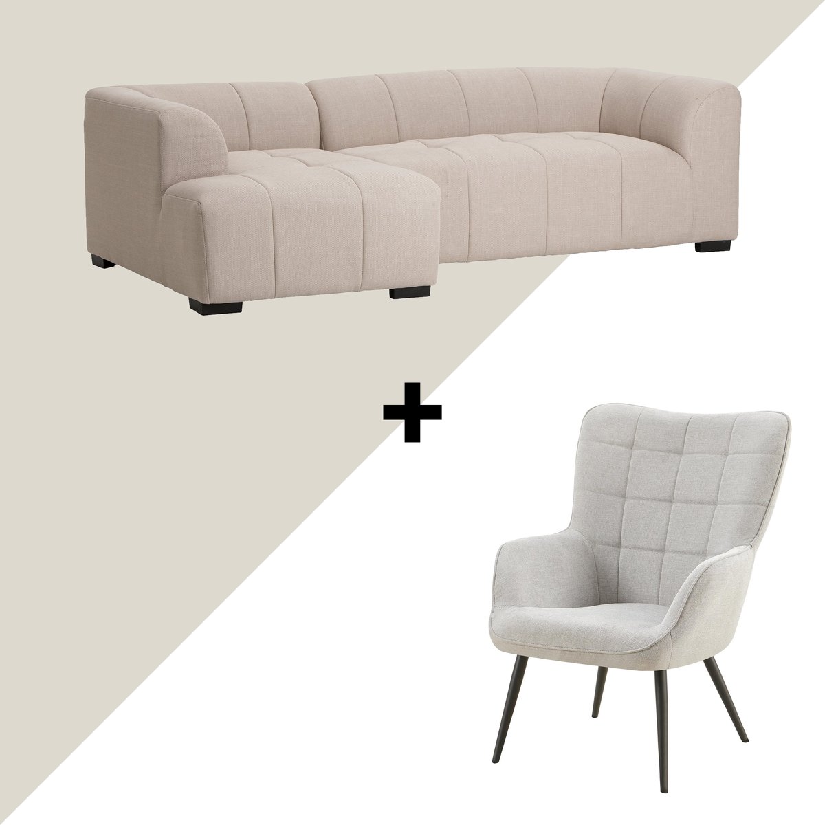 Janice & Emmi Divaanisohva (vasen) beige + nojatuoli beige